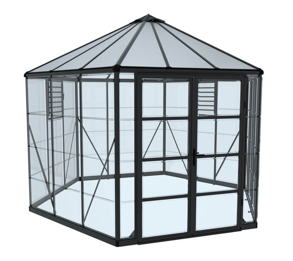 A hexagonal greenhouse with an anthracite frame and clear glass panels, shown from a slightly elevated diagonal angle against a white background.