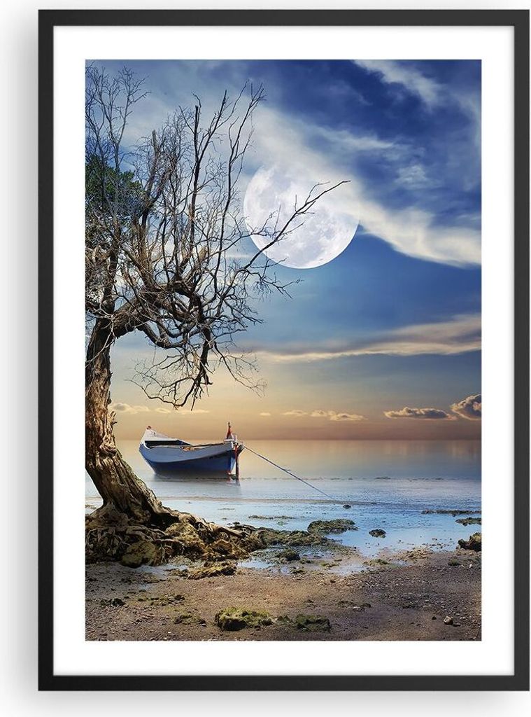 Gerahmtes Poster - Schwarzer Rahmen - Nacht Mond Boot - 50x70 cm - Wand Bild - Wanddeko - Wandbilder - Kunstposter - Wandposter - Bilderrahmen - Bi...