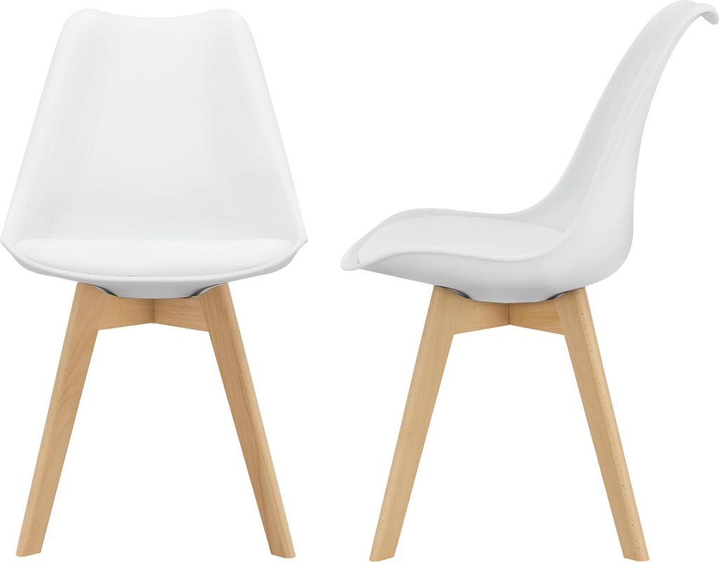 Two white chairs with wooden legs are shown from different angles against a white background.