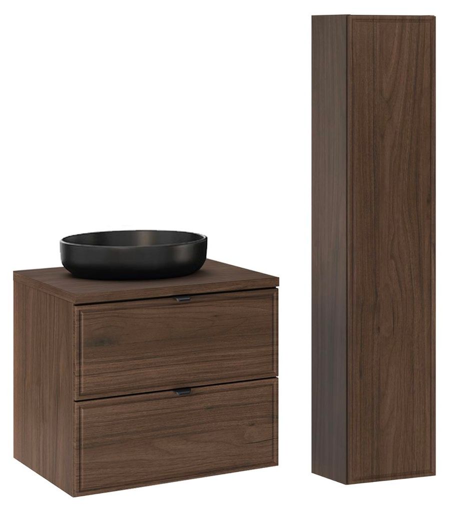 Waschtisch und Hängesäule 60cm Elias mit 2 Schubladen, Holzoptik