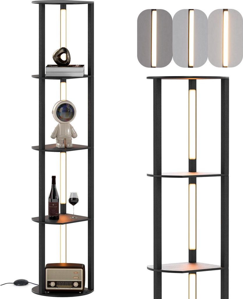 COSTWAY 163cm Stehlampe mit Regalen, Ablageregal Stehleuchte mit 4 drehbaren LED-Streifen, 3-stufig einstellbarer Helligkeit & Fußschalter