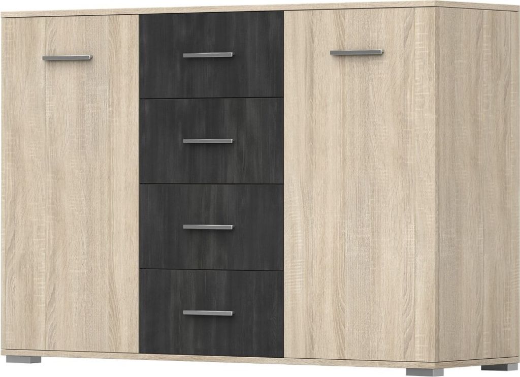 Sideboard Schubladekasten Kommode mit Schubladen Wenecja 2T4S 135 cm Sonoma Eiche+ Schwarze Norwegische Kiefer
