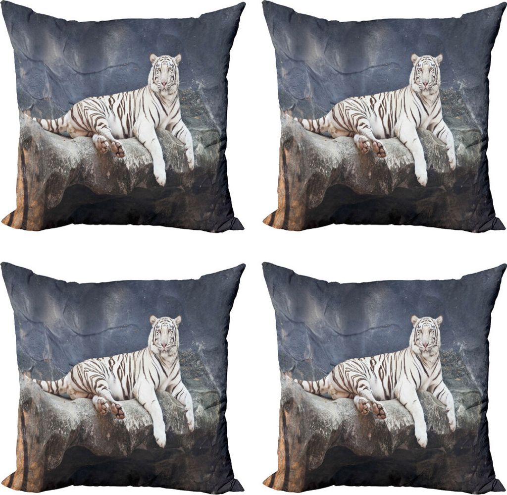 ABAKUHAUS Tiger Kissenbezug Set (4 Stück), Wildlife Katze auf dem Felsen, Moderner Doppelseitiger Digitaldruck, 45 cm x 45 cm, Slate Blau Weiß