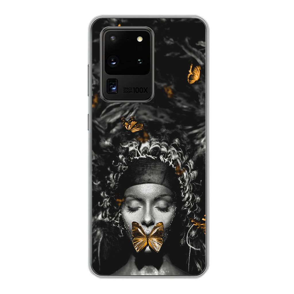 MuchoWow Handyhülle Schutzhülle Hülle für Samsung Galaxy S20 Ultra Frau - Schmetterlinge - Schwarz - Weiß Silikon Softcase Handy Hülle - Ka...