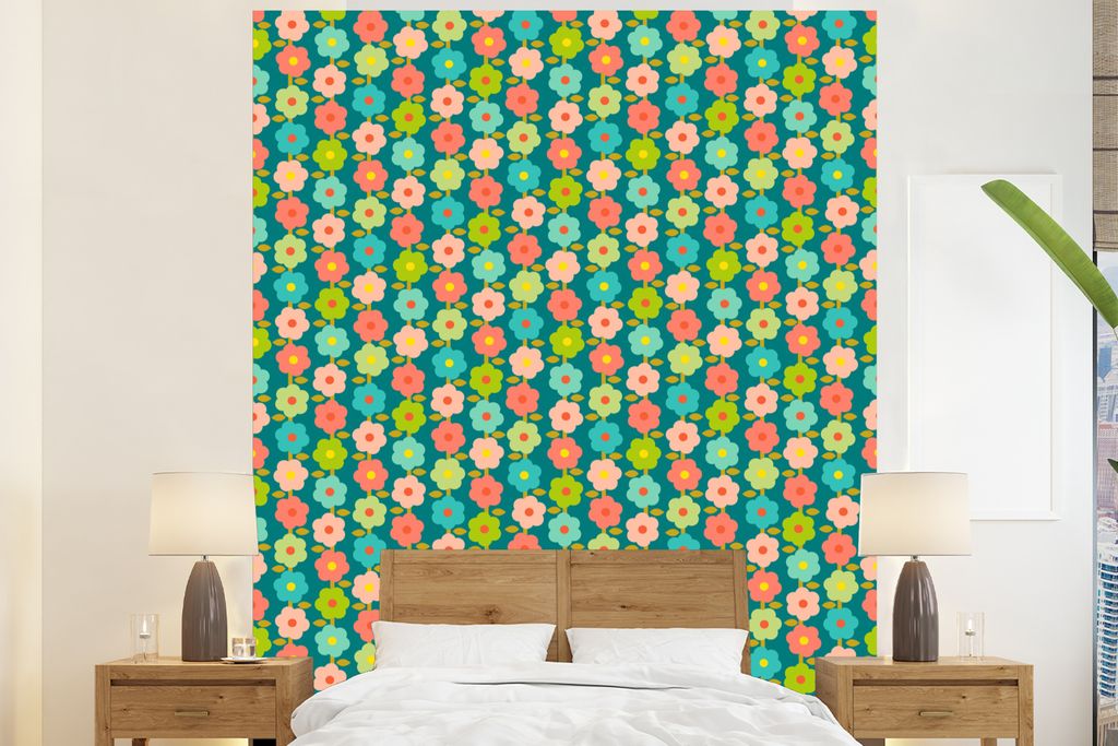 MuchoWow Fototapete für Wohnzimmer oder Schlafzimmer Wandtapete Vinyl Motivtapete Muster - Blumen - Retro - 1970er Jahre - 180x220 cm - Tapezier...