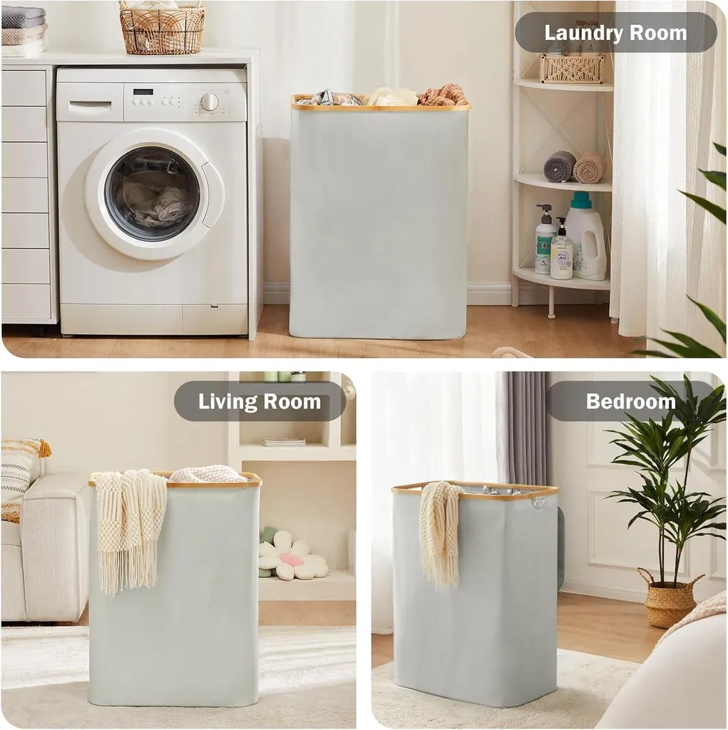 Coffre à Linge Triple Compartiment 160L Gris - Bac de Tri Pliable - 6