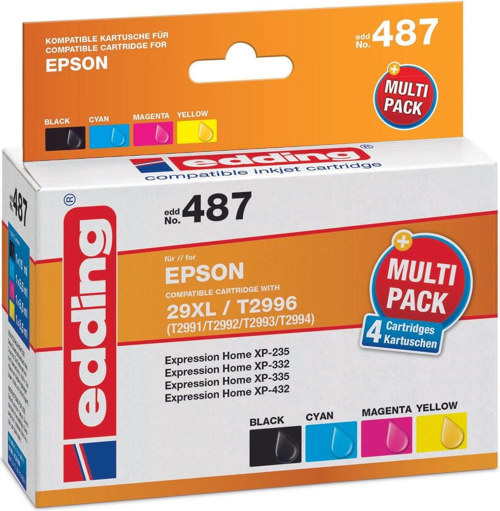 The image shows the packaging of an edding 487 multipack of compatible ink cartridges for Epson printers.