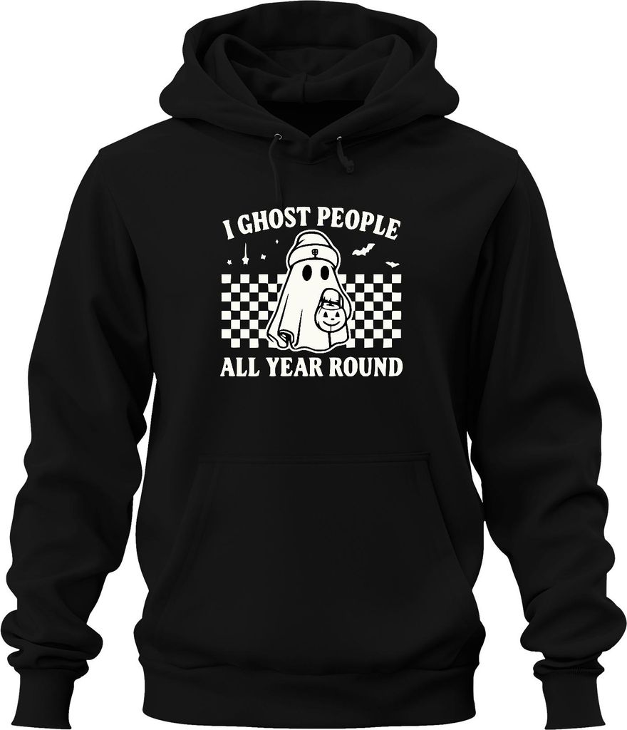 I ghost people all year round Halloween Geisterkostüm Retro Karo Uni Hoodie Kapuzenpullover, Schwarz, M