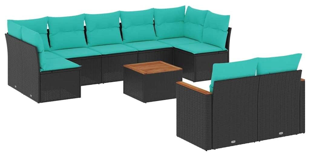 vidaXL 10-teiliges Gartensofa-Set mit Kissen, schwarzes Polyrattan