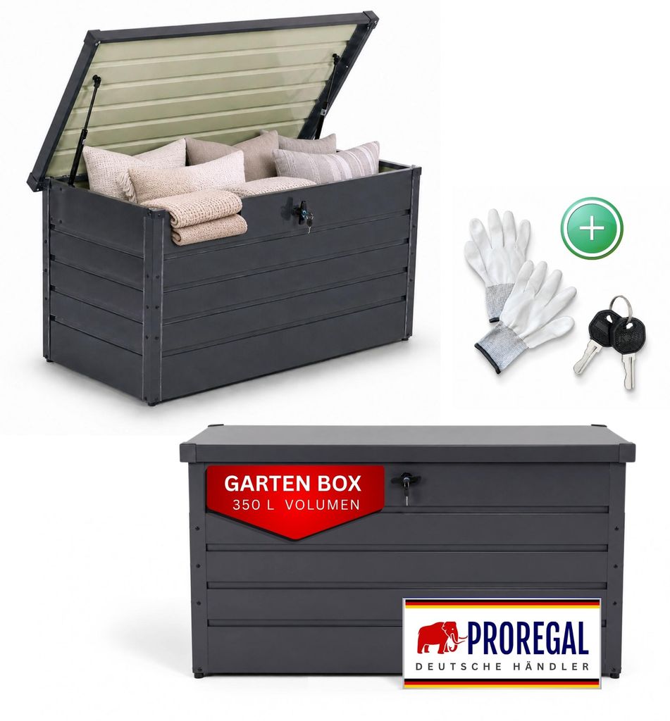 Gartenbox WOLF XXL wasserdicht | HxBxT 62x120x62cm | 350 Liter | Metall | wetterfest & abschließbar | mit Gasdruckfeder | Anthrazit | Outdoor Aufl...