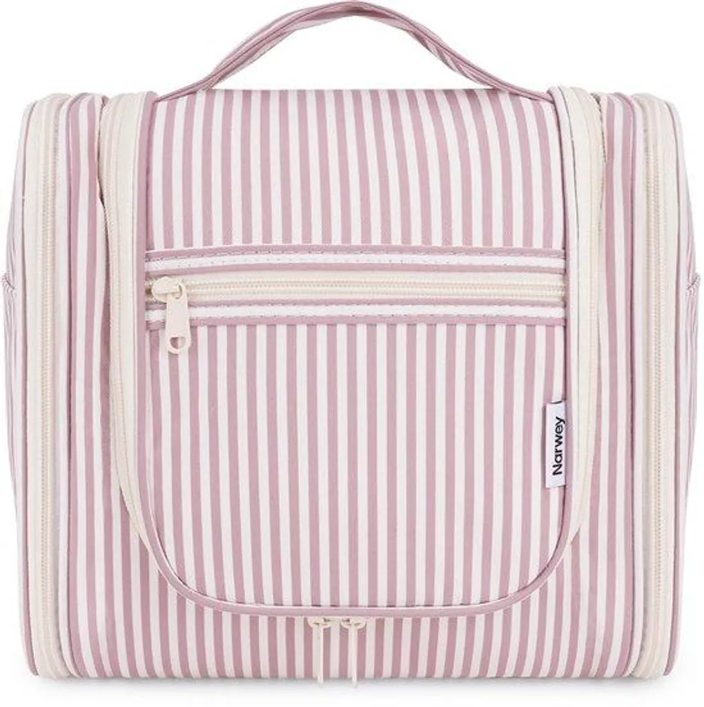 Trousse de toilette en tissu rose à rayures : Grand volume et souple
