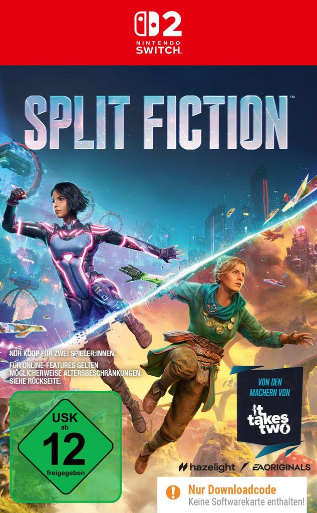 The cover art for the Nintendo Switch game 'Split Fiction', featuring two characters in a futuristic setting.