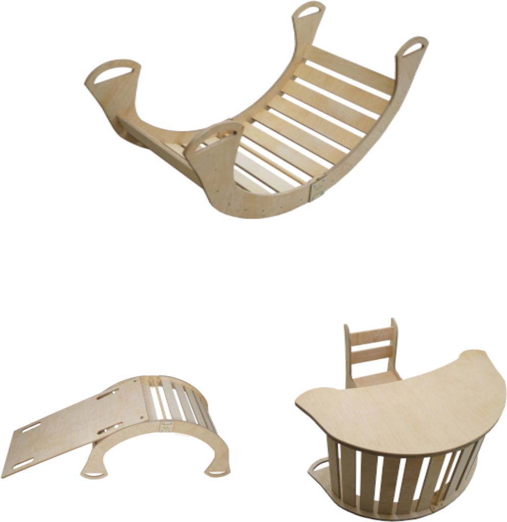 Skyline Set 5w1 Holz Kletterbogen, Klettergerüste, Wippe, Holzbogen für Kinder Montessori Tisch mit Stuhl und Rutsche, mod.B, 85x42x36cm, Hölzern