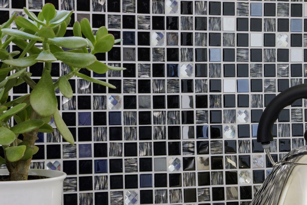 Mosaikfliese selbstklebend Transluzent Edelstahl schwarz Glasmosaik Crystal Stahl schwarz Glas MOS200-4CM26_f