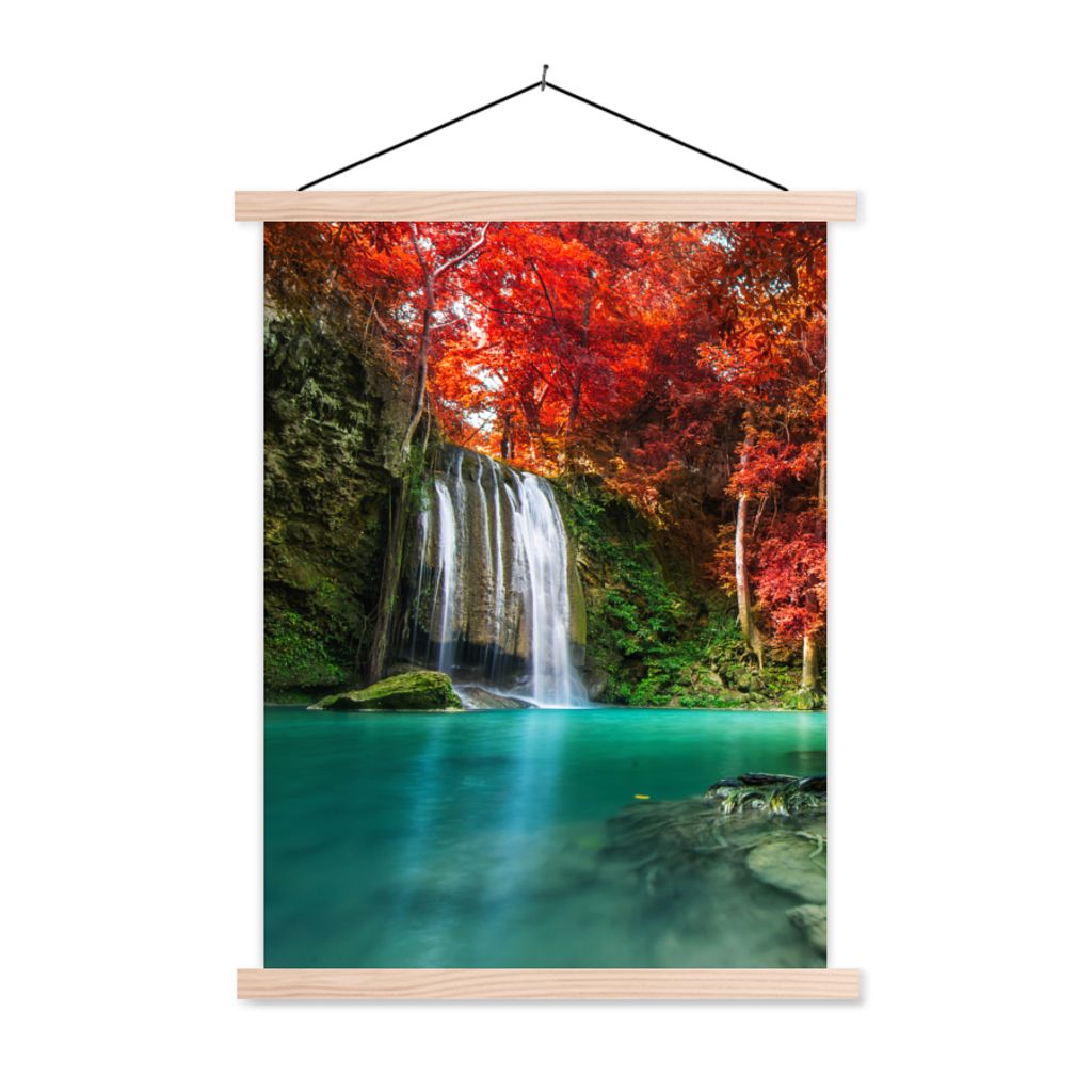 MuchoWow Textilposter Wasserfall - Baum - Rot - Herbst - Wasser 60x80 cm mit holzfarbenen Rahmen - Wandbild