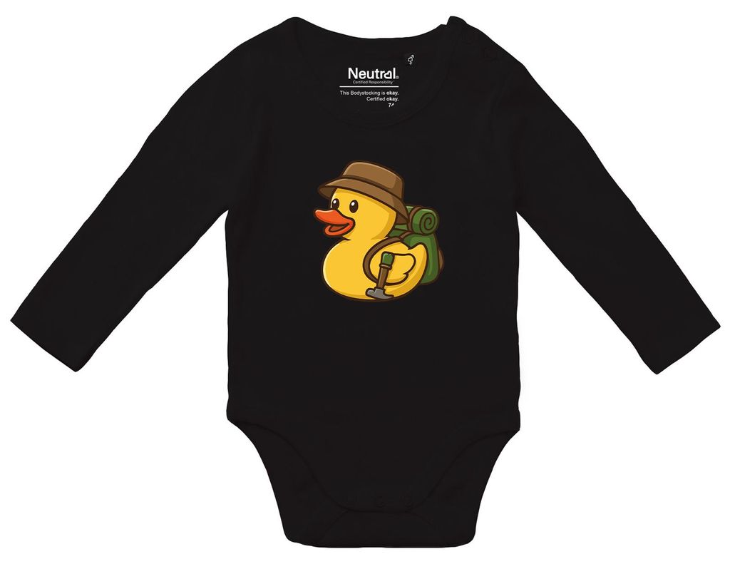 Huuraa Baby Body Quietscheente Wanderer Gummiente Hiking 80 Black Baumwolle Fairtrade Langarmbody Geschenkidee