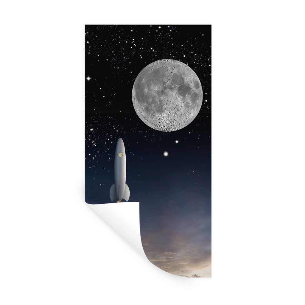 MuchoWow Wandtattoo Wandsticker Wandaufkleber Eine Illustration der Raumfähre und des Vollmondes 40x80 cm Selbstklebend und Repositionierbar - R...