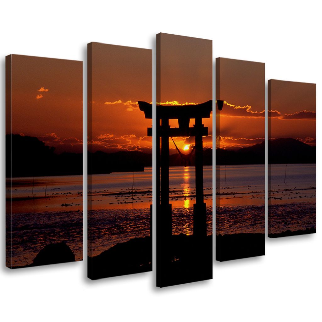 5-teiliges leinwandbild torii-tor sonnenuntergang 150x100 cm Feeby orange wandbild bereit zum aufhängen