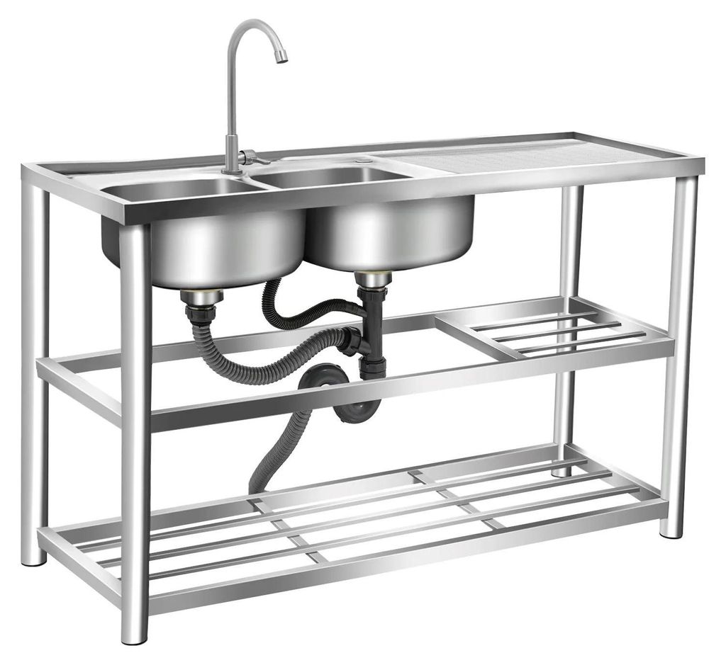 Gastronomie Küchenspüle - Freistehendes Doppelbecken - Edelstahl 201 - 360° Wasserhahn - Becken 33×33 cm - 120×45×80 cm - 3 Ebenen - Tragkraf...