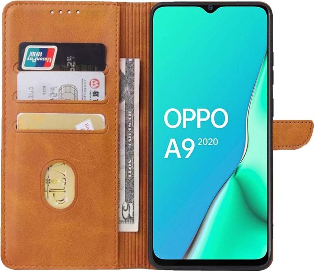Geschikt voor Oppo A9 2020 Telefoonhoesje Kunstleer met Magnetisch lipje en Pasjeshouder Book Case met Klepje - Bruin - Smartphonica