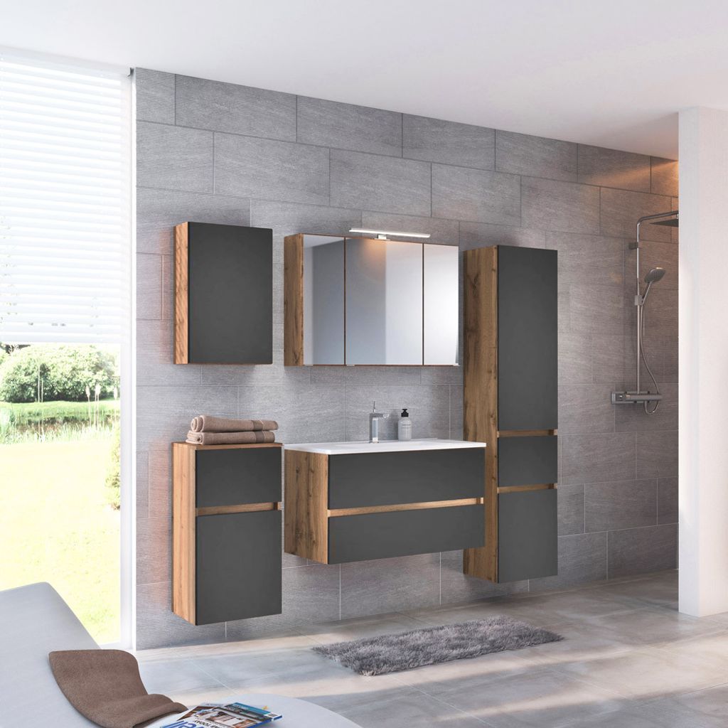 Badezimmer Kombination LOUROSA-03 in Wotaneiche Nb. mit matt grau inkl. Waschbecken und Beleuchtung, B/H/T: ca. 220/200/47 cm