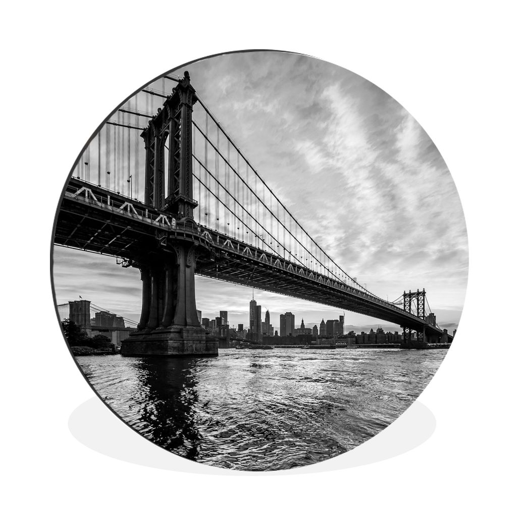 MuchoWow Aluminium Wandkreis Wolken über der Brooklyn Bridge in New York bei Sonnenuntergang - schwarz und weiß Ø 60 cm Wanddeko Modern Wohnzi...