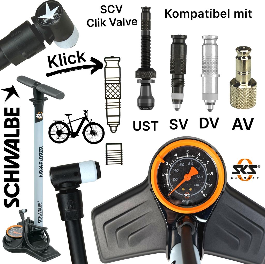 Schwalbe Fahrrad Standpumpe SKS Air-X-Plorer Clik Valve SCV SV AV DV