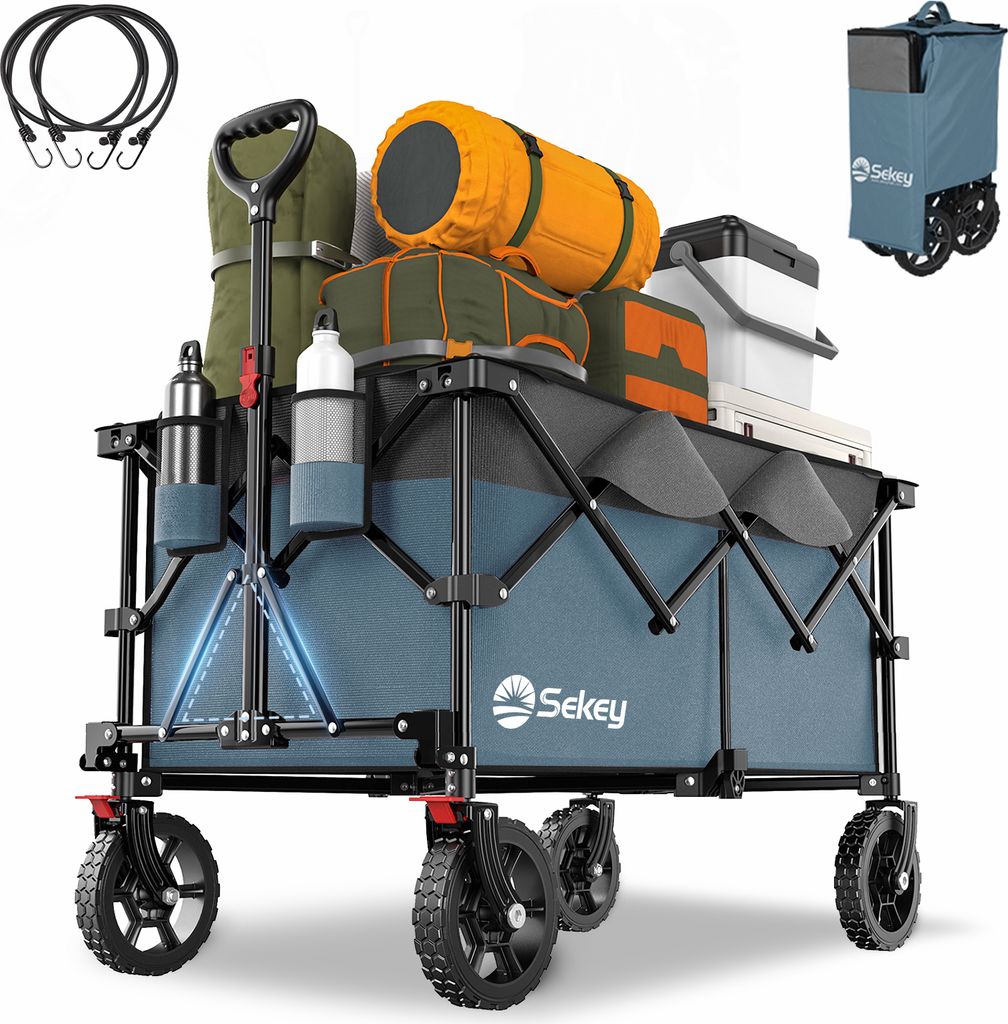 Sekey Bollerwagen Faltbar Handwagen Strandwagen 150kg Belastung, 200L Ladekapazität Klappbarer mit vierfacher Faltung, CompactFold-Serie-Blau