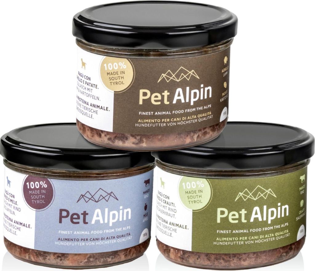 Hochwertige Hundenahrung Pet Alpin, 2X180G & 1X100G, Glutenfrei, Monoprotein, Südtirol