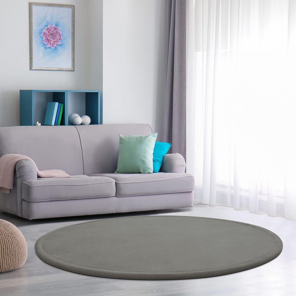 Hochflor Teppich waschmaschinenwaschbar Unifarben Schlafzimmer schmutzabweisend Grau Rund 160D | 100% Polyester | Florhöhe: 20 mm | pflegeleicht