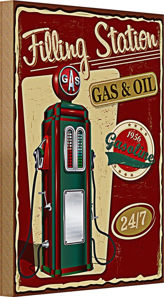 Holzschild Gasoline filling 20x30cm station gas 24/7 Retro