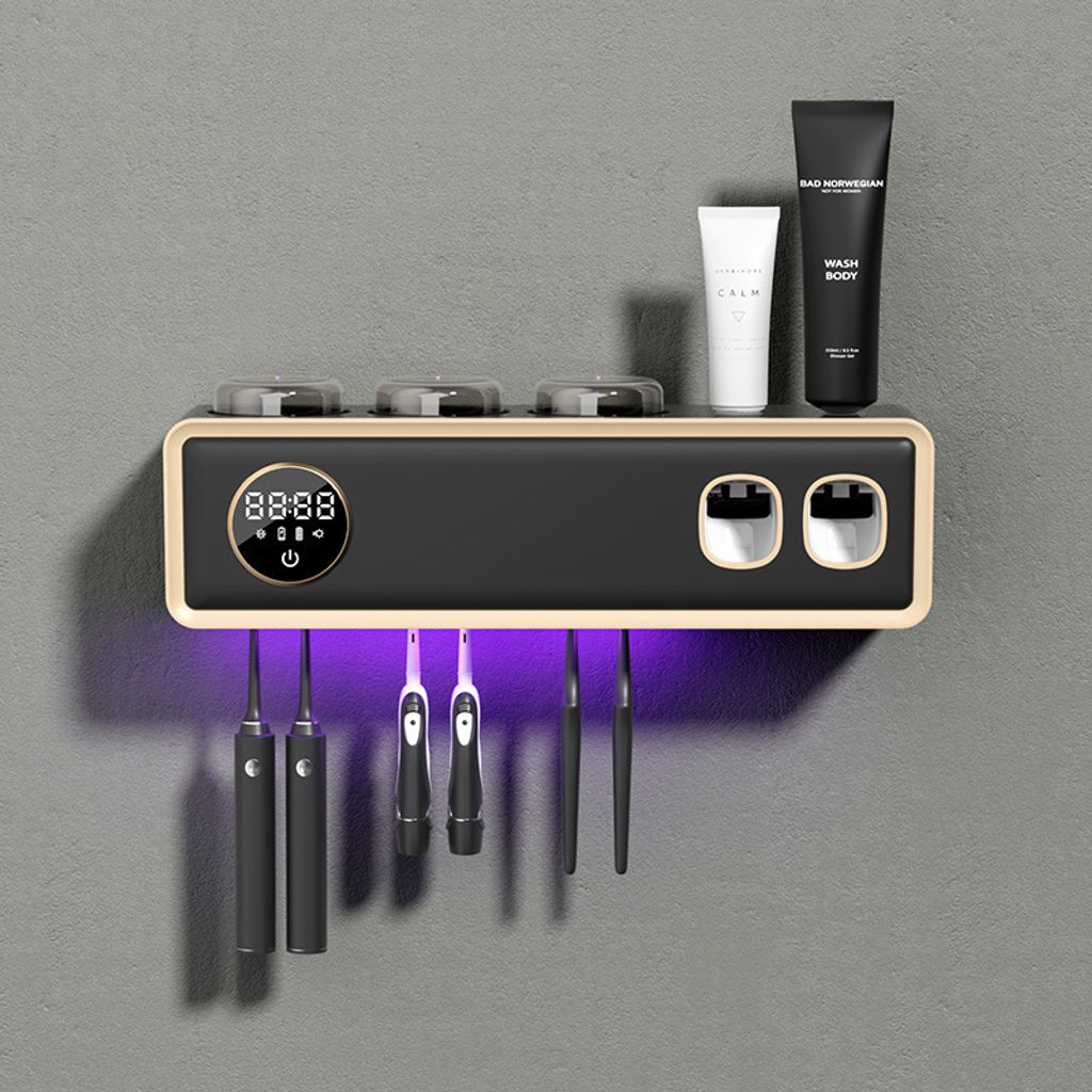 Intelligenter Zahnputzbecher-Halter mit UV-Sterilisation, Trocknung und elektrischem Wandregal ohne Bohren für Hygiene und Aufbewahrung.