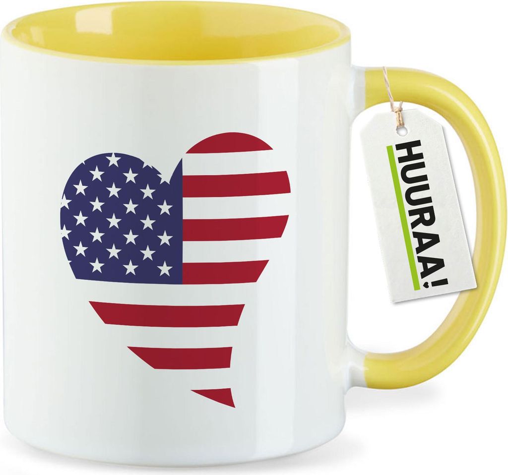 Huuraa Kaffeetasse USA Flagge Herz 330ml Gelb Keramik Kaffeebecher Geschenkidee