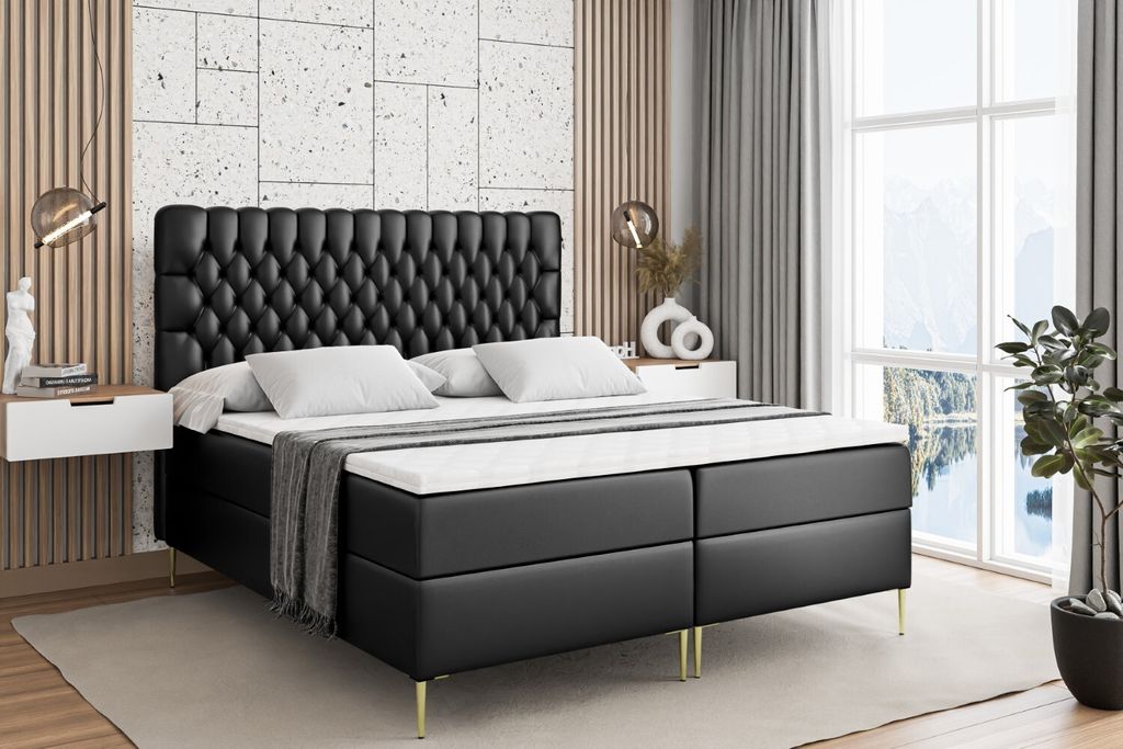 ALTDECOR Boxspringbett mit Gold Füßen, Matratze und Lattenrost, Boxbett, Topper, Polsterbett mit Bettkasten, Bett mit Stauraum H3-Matratze, Dopp...