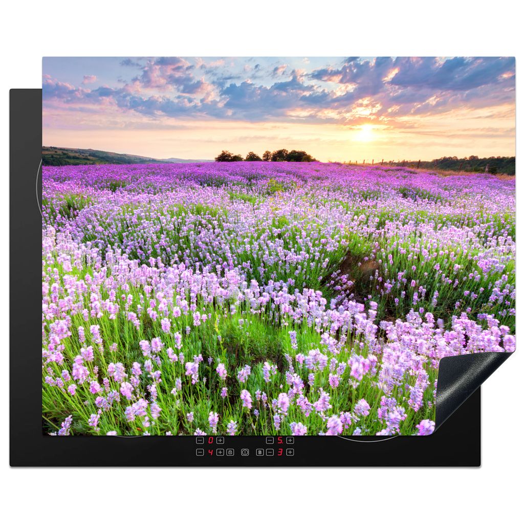 KitchenYeah Herdabdeckplatte Lavendel - Blumen - Sonnenuntergang - Lila - Wiese , 65x52cm, Küche Deko, Glaskeramikkochfeld Herdabdeckung, Abdeck...