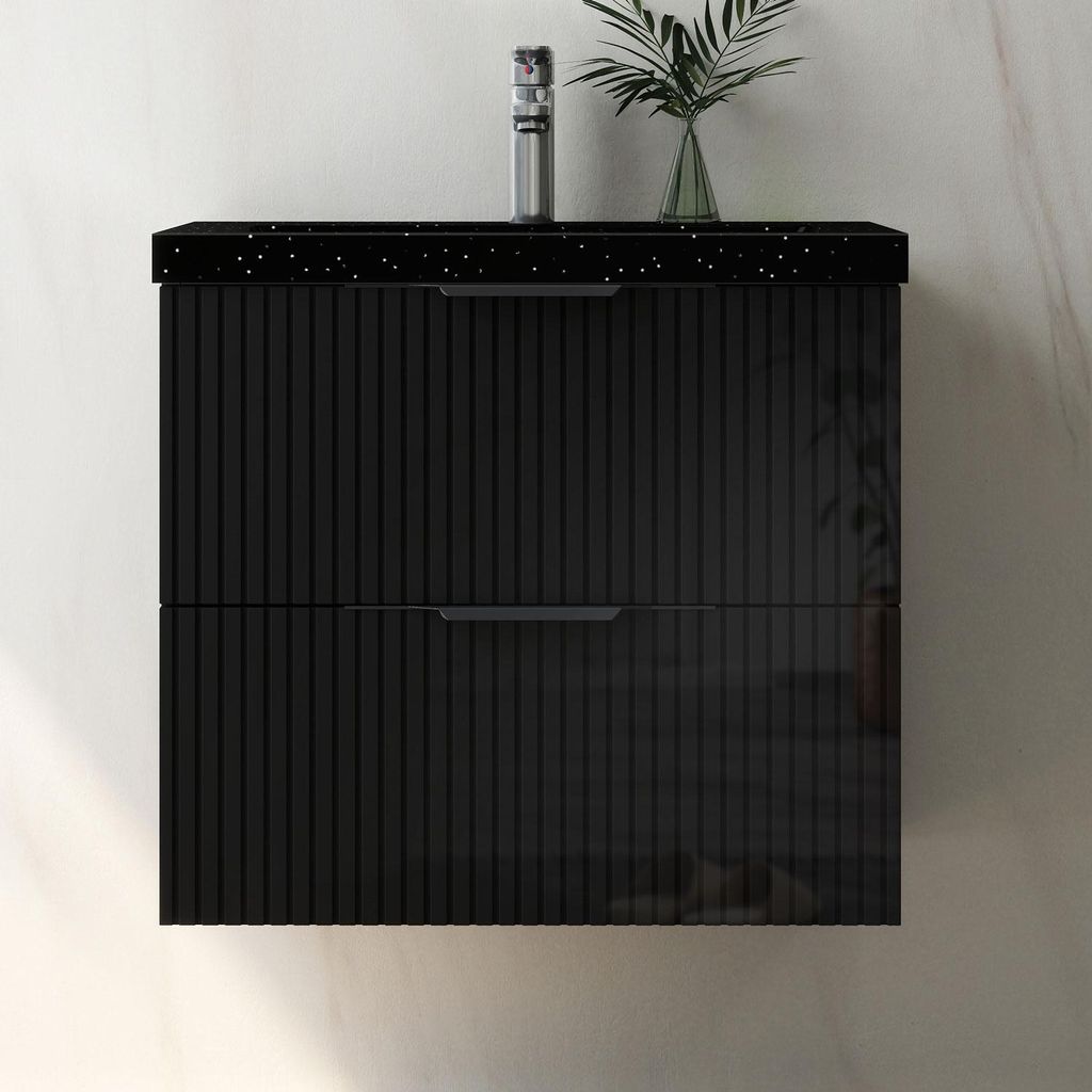 Waschtisch mit Unterschrank 60cm RIVA Badmöbel Set Hochglanz Schwarz Waschbecken mit Unterschrank Softclose