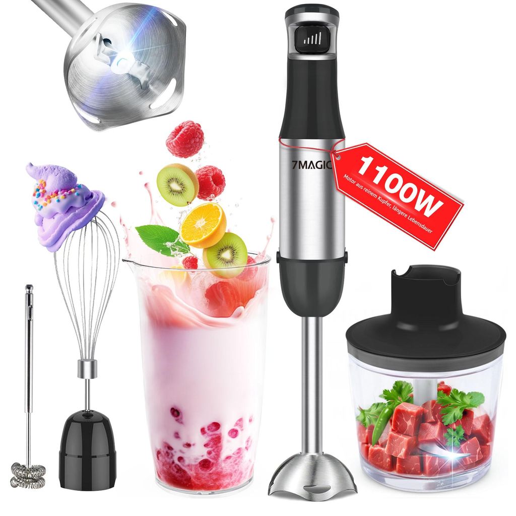 7MAGIC Stabmixer 1100W, 5-in-1 Pürierstab Edelstahl mit 5 Geschwindigkeitsstufen, inkl. Schneebesen, Zerkleinerer & Messbecher, Schwarz