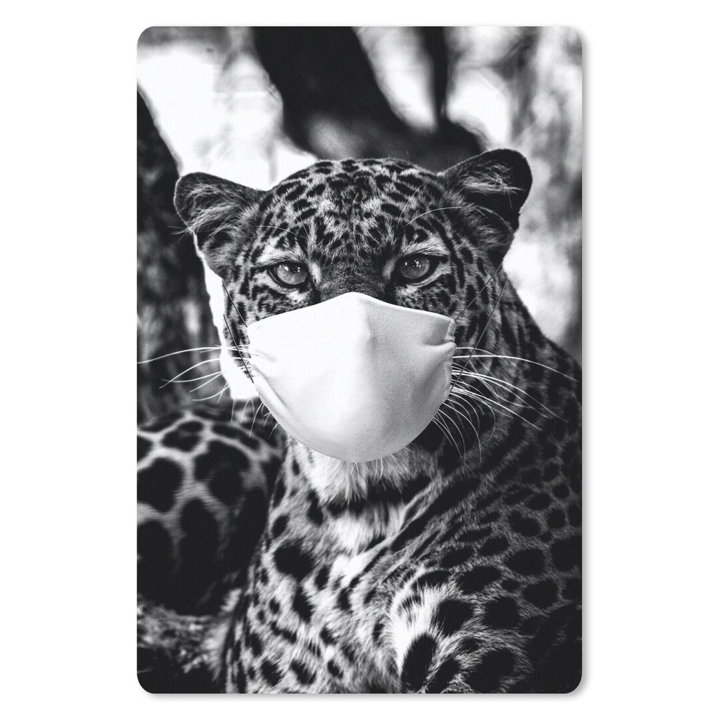 MuchoWow Mauspad Mousepad Jagender Leopard mit einer Maulkappe auf Schwanz in der Kamera - schwarz-weiß 40x60 cm - Mousepads - Maus Mat - Pad - ...