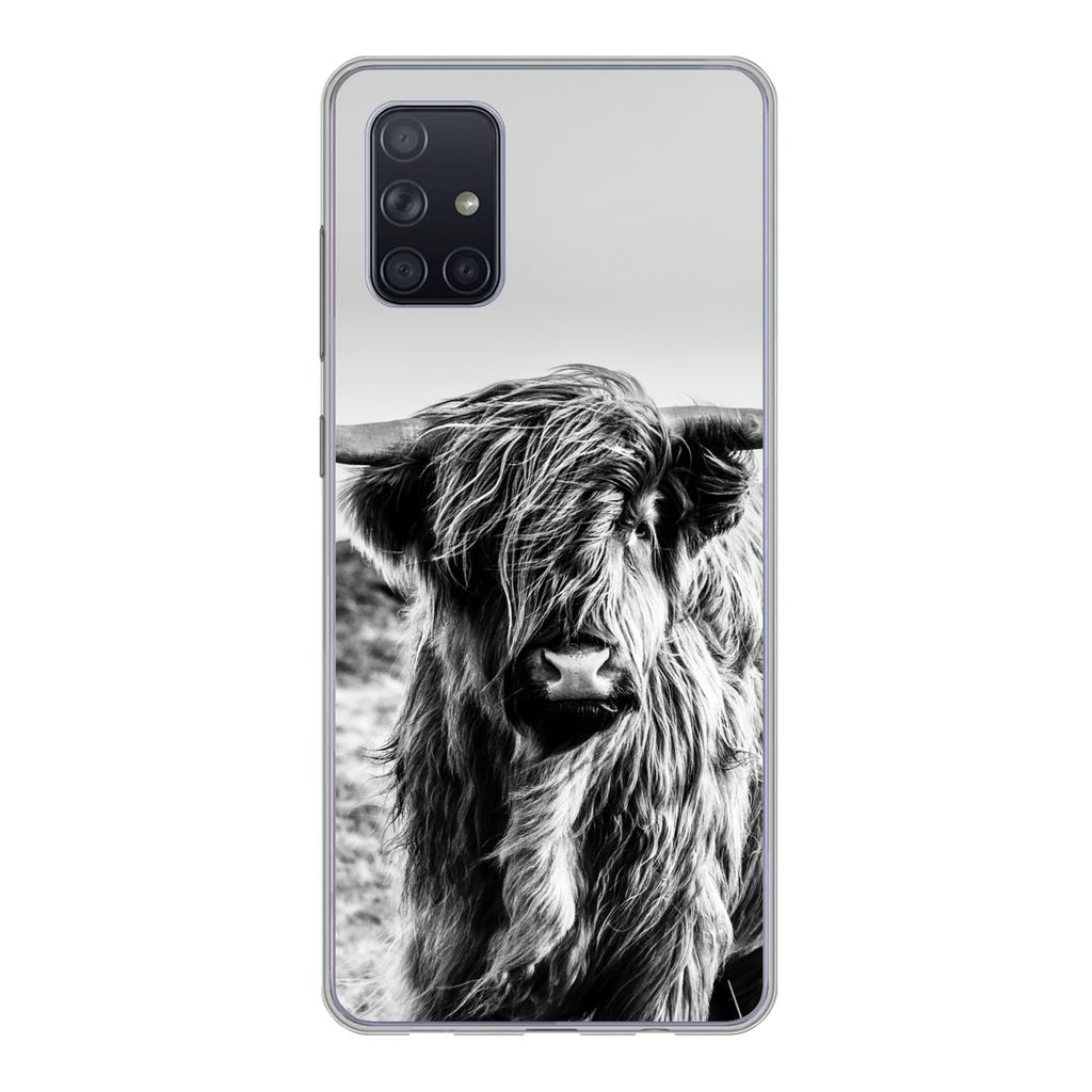 MuchoWow Handyhülle Schutzhülle Hülle für Samsung Galaxy A51 Kuh - Schottischer Hochländer - Schwarz - Weiß - Tier - Natur - Wildtiere Sili...