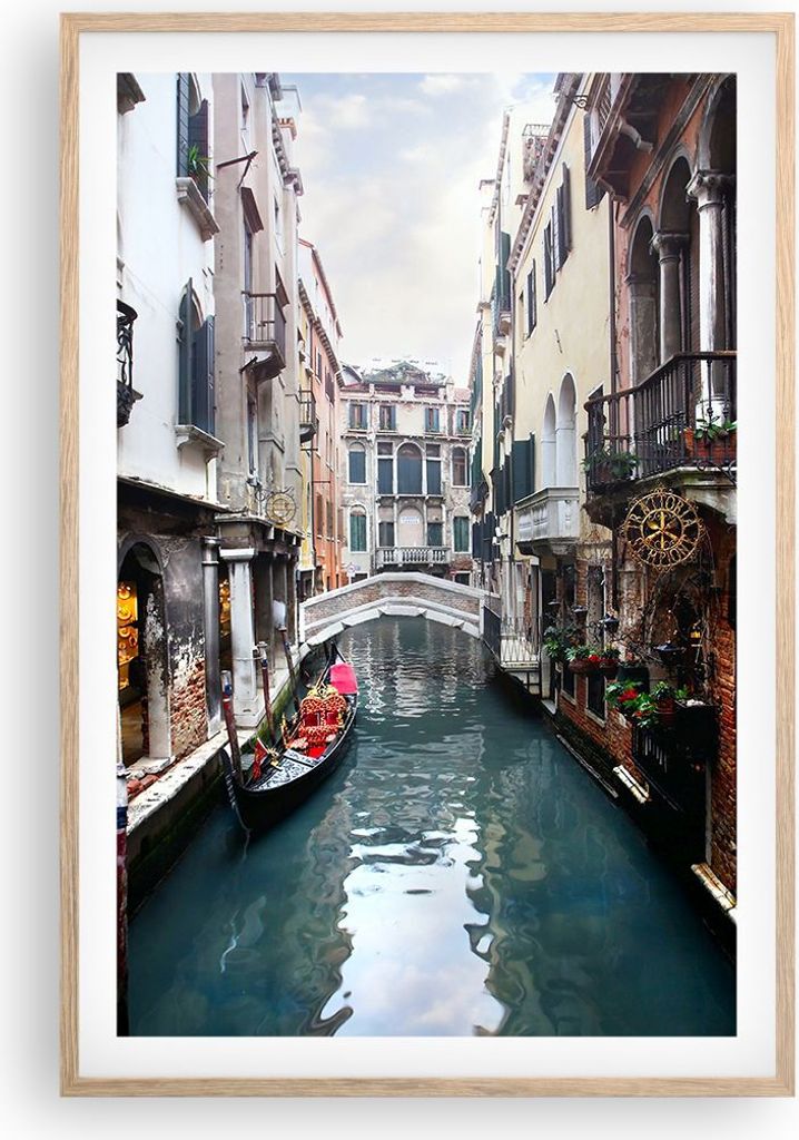 Gerahmtes Poster - Rahmen in heller Eiche - Boot Brücke Tourismus Venedig - 61x91,5 cm - Wand Bild - Wanddeko - Wandbilder - Wandposter - Bilderra...