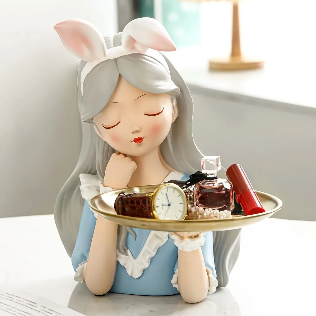 Statue Fille Oreilles de Lapin avec Plateau Doré pour Entrée et Salon
