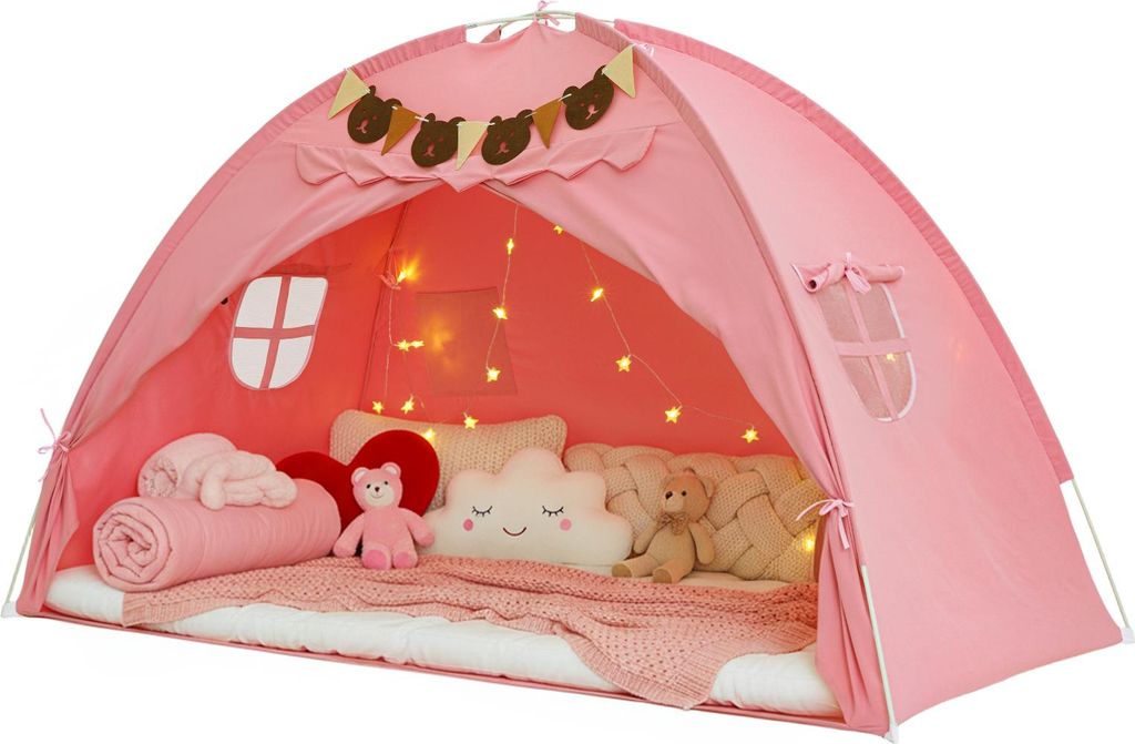 YEERSWAG Twin Bettzelt Kinderbett Baldachin Spielzelt mit Sternenlicht & Wimpeln Indoor Schlafzelt Privatsphäre 196×124×99cm, Pink