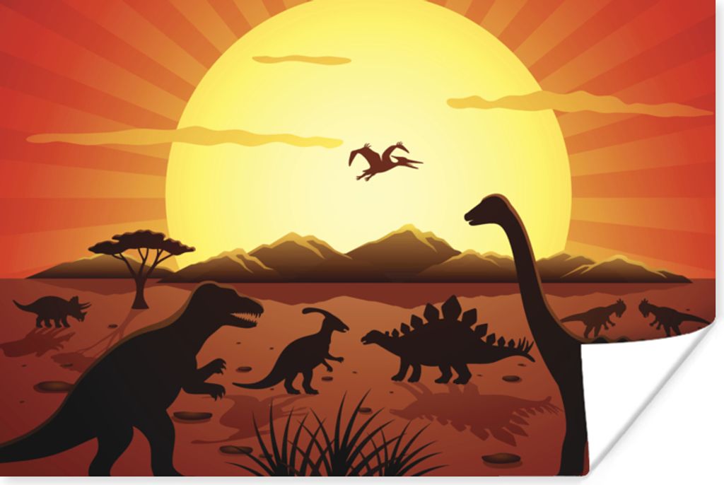 MuchoWow Poster Dino - Sonne - Natur - Zeichnung - Kinder - Jungen 120x80 cm - Bilder