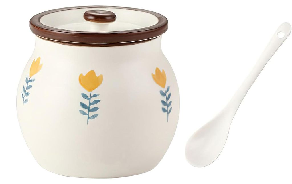 Zuckerdose mit Deckel und Löffel, Keramik Salztopf Gewürzbehälter Gewürzgläser, 400ml, Gelbe Blumen