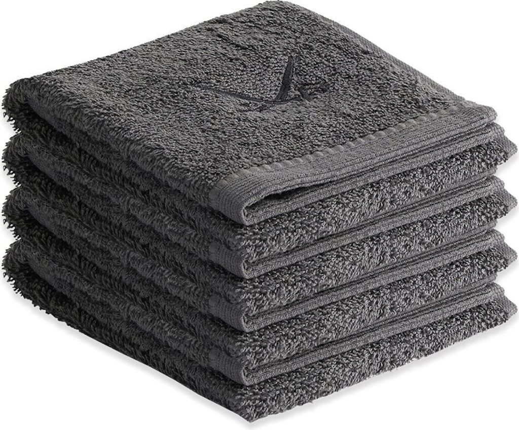 A stack of folded gray towels.