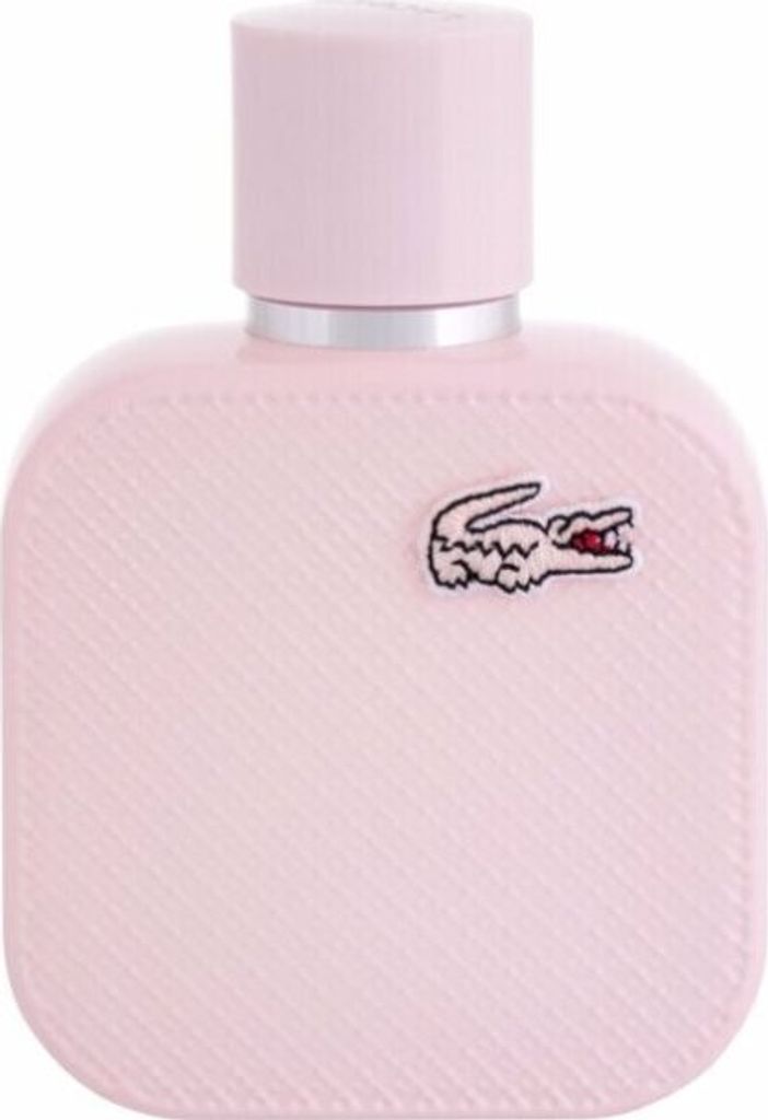 A pink Lacoste L.12.12 Rose Eau de Parfum bottle with the iconic crocodile logo.