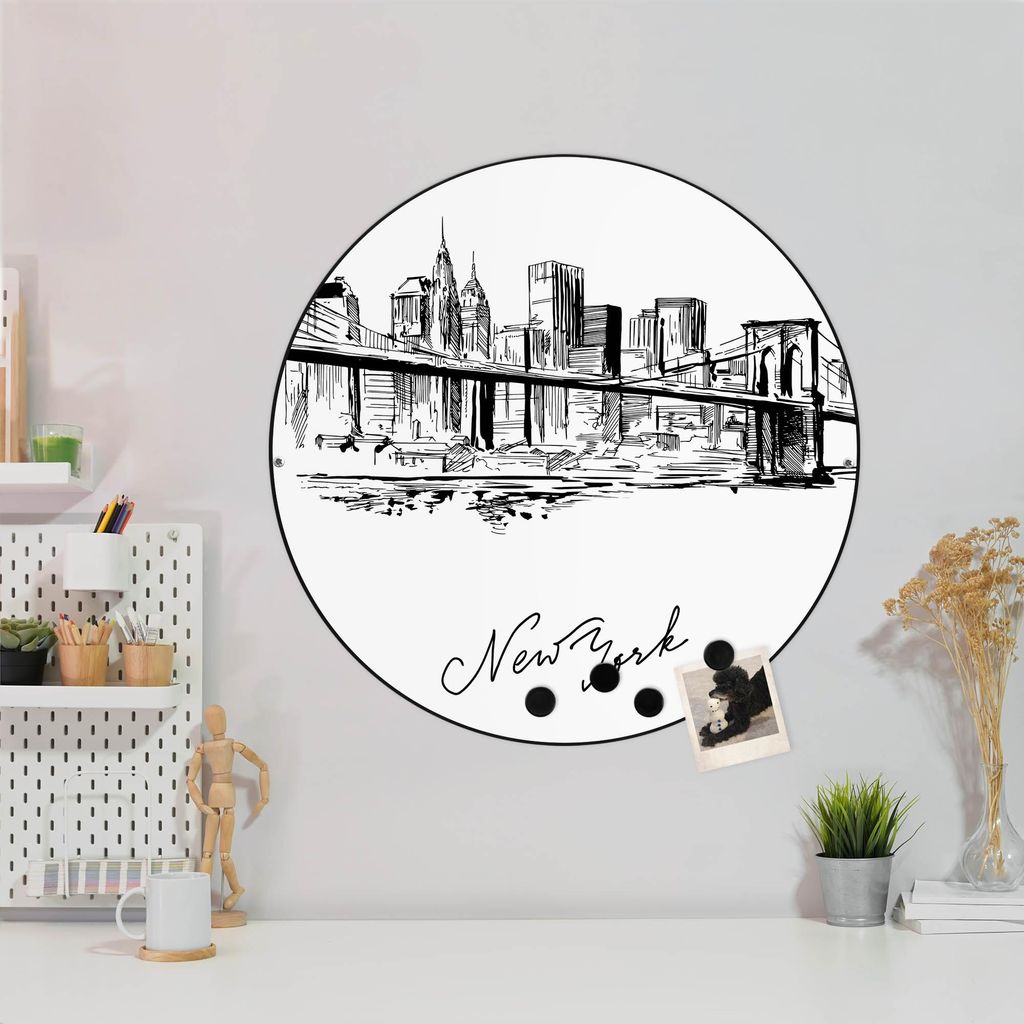 Design Stahlmagnettafel Schwarz Rund 47cm New York Skizze