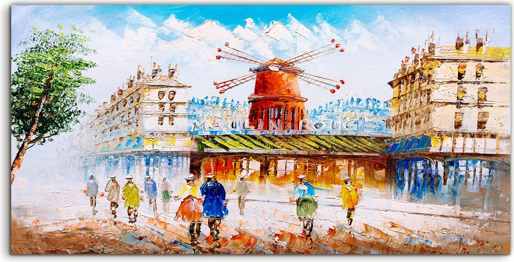 Coloray - Glasbild - 120x60 cm - Wandbild - Glasbilder - Windmühle Paris Stadt Menschen Straße