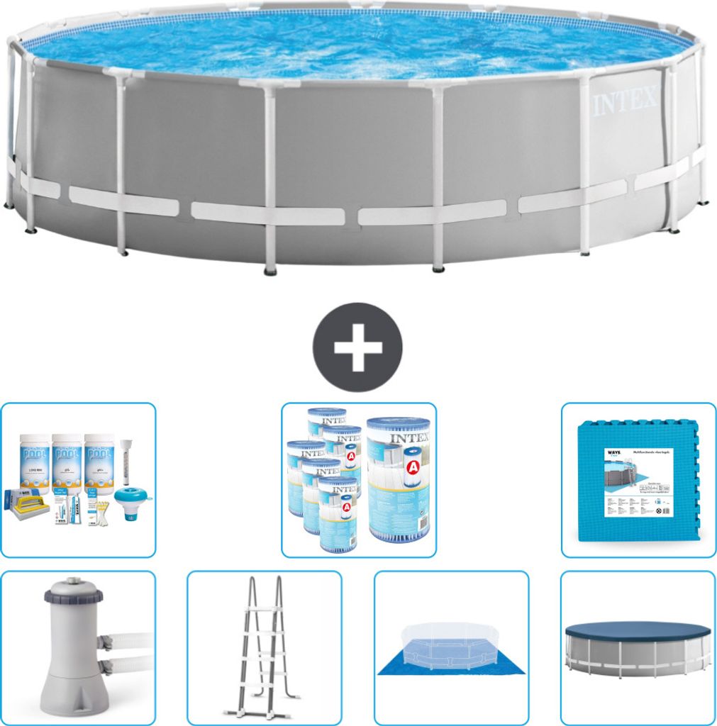 Intex Round Prism Frame Swimming Pool – 457 x 122 cm – Grau – inklusive Pumpe – Leiter – Bodenplane – Abdeckung Wartungspaket - Filter ...