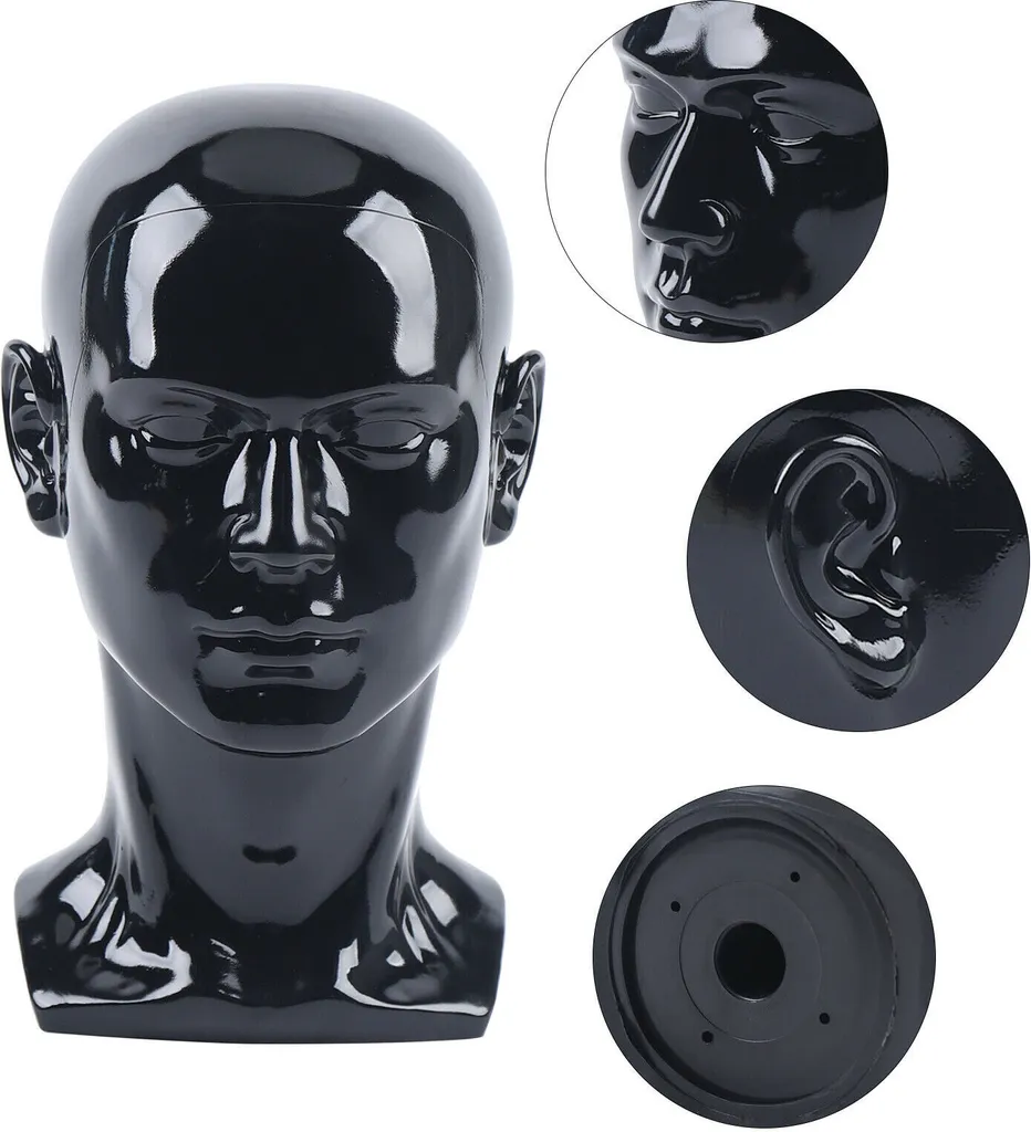 Tête de mannequin homme noir brillant pour perruque et lunettes H45